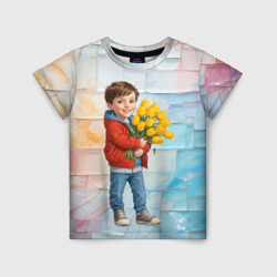 Детская футболка 3D Мальчик с букетом тюльпанов