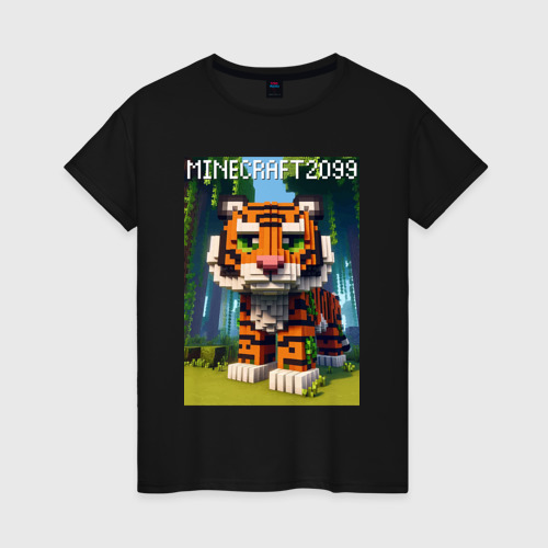 Женская футболка хлопок Funny tiger cub - Minecraft, цвет черный