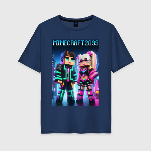 Женская футболка хлопок Oversize Барби и Кен - коллаборация с Майнкрафт, цвет темно-синий