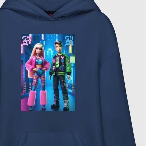 Худи SuperOversize хлопок с принтом Барби и Кен в ночном городе - нейросеть, фото на моделе #1