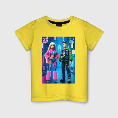 Детская футболка хлопок с принтом Барби и Кен в ночном городе - нейросеть, вид спереди #2