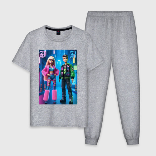 Мужская пижама хлопок с принтом Барби и Кен в ночном городе - нейросеть, вид спереди #2