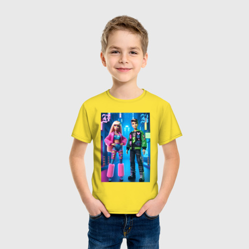 Детская футболка хлопок с принтом Барби и Кен в ночном городе - нейросеть, фото на моделе #1