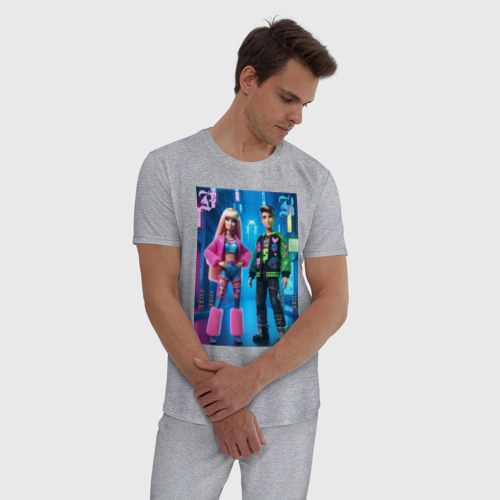 Мужская пижама хлопок с принтом Барби и Кен в ночном городе - нейросеть, фото на моделе #1