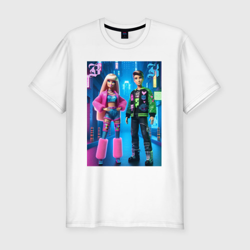 Мужская футболка хлопок Slim с принтом Барби и Кен в ночном городе - нейросеть, вид спереди #2