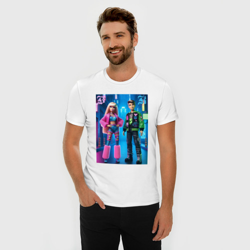 Мужская футболка хлопок Slim с принтом Барби и Кен в ночном городе - нейросеть, фото на моделе #1