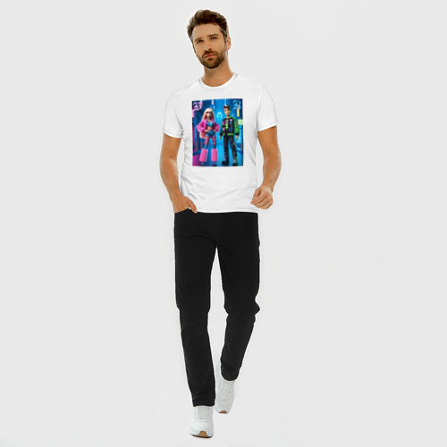 Мужская футболка хлопок Slim с принтом Барби и Кен в ночном городе - нейросеть, вид сбоку #3
