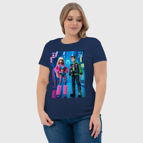 Женская футболка хлопок Барби и Кен в ночном городе - нейросеть, цвет темно-синий - фото 6