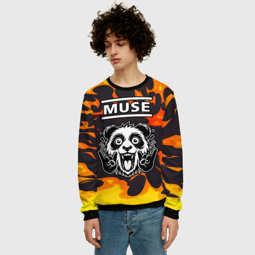 Мужской свитшот 3D Muse рок панда и огонь, цвет черный - фото 3
