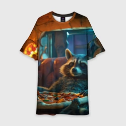 Детское платье 3D Енот с пиццей на диване