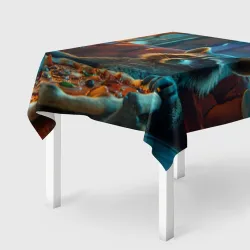 Скатерть 3D Енот с пиццей на диване