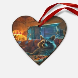 Деревянная игрушка Сердце Енот с пиццей на диване