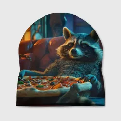 Шапка 3D Енот с пиццей на диване