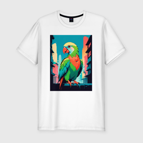 Мужская приталенная футболка из хлопка с принтом Попугай в городе, вид спереди №1