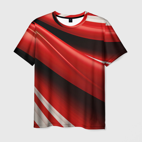 Мужская футболка с принтом Объемные волны абстракции и геометрии красно-черные, вид спереди №1