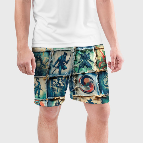 Мужские шорты спортивные Самураи на пэчворк дениме, цвет 3D печать - фото 3