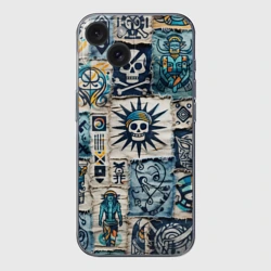 Чехол для iPhone 15 силиконовый с защитой камеры Пэчворк деним с пиратами