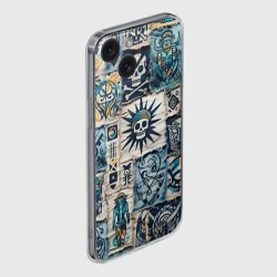 Чехол для iPhone 15 силиконовый с защитой камеры Пэчворк деним с пиратами - фото 2
