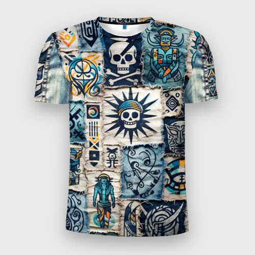 Мужская приталенная футболка с принтом Пэчворк деним с пиратами, вид спереди №1