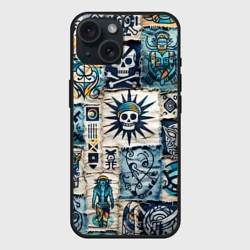 Чехол силиконовый для Apple iPhone 15 матовый Пэчворк деним с пиратами