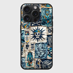 Чехол силиконовый для Apple iPhone 15 Pro матовый Пэчворк деним с пиратами