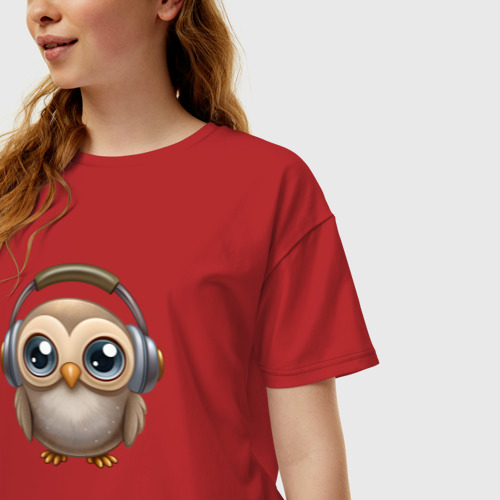 Женская футболка хлопок Oversize Совенок в наушниках слушает музыку, цвет красный - фото 3