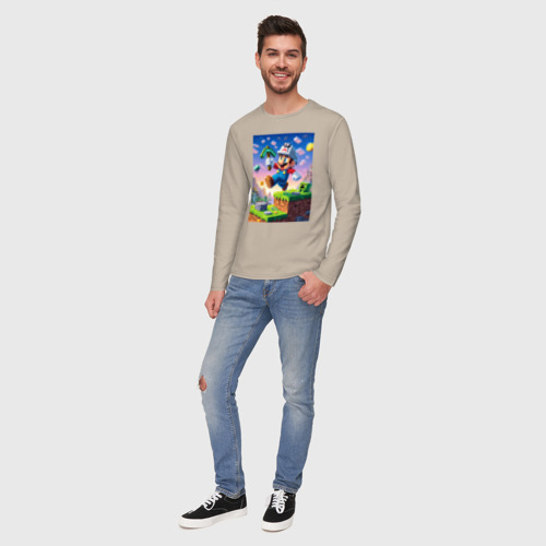Мужской лонгслив хлопок с принтом Марио и Майнкрафт - коллаба, вид сбоку #3