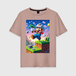 Женская футболка хлопок Oversize Марио и Майнкрафт - коллаба