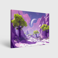 Холст прямоугольный Фиолетовые горы зеленые деревья и космос