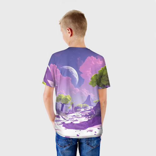 Детская футболка 3D Фиолетовые горы зеленые деревья и космос, цвет 3D печать - фото 4