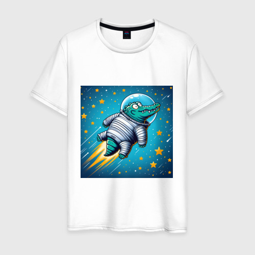 Мужская футболка из хлопка с принтом Крокодил летит в космосе, вид спереди №1