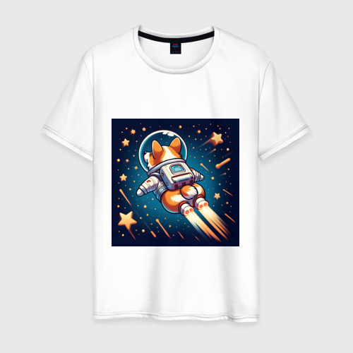 Мужская футболка из хлопка с принтом Реактивный корги в космосе, вид спереди №1