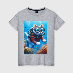 Кот аквалангист - нейросеть – Женская футболка хлопок с принтом купить со скидкой в -20%