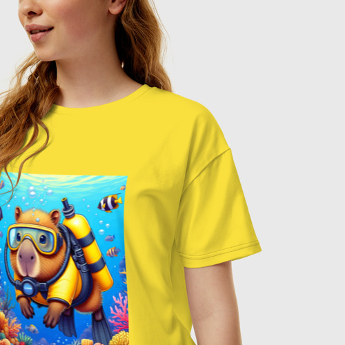 Женская футболка хлопок Oversize Капибара дайвер - нейросеть, цвет желтый - фото 3