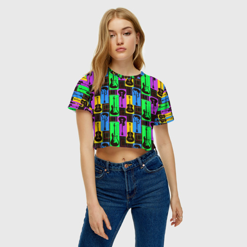 Женская футболка Crop-top 3D Красочные гитары, цвет 3D печать - фото 3