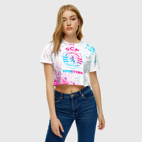 Женская футболка Crop-top 3D Sporting neon gradient style, цвет 3D печать - фото 3