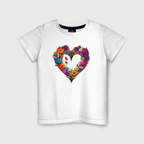 Детская футболка хлопок Сердечный луг цветов с бабочками, цвет белый