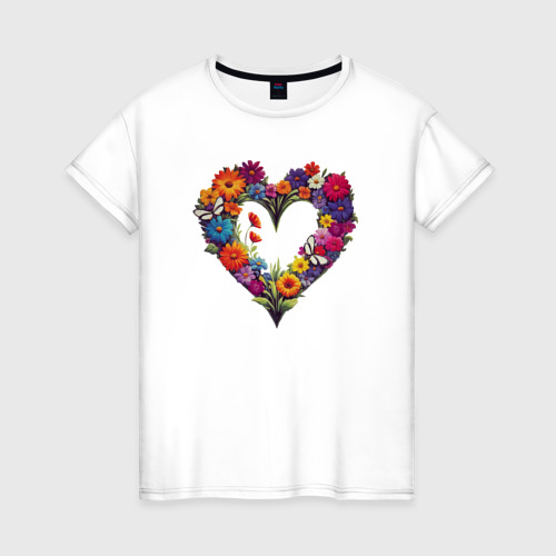 Женская футболка хлопок Сердечный луг цветов с бабочками, цвет белый