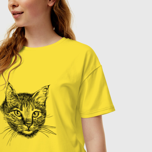 Женская футболка хлопок Oversize Кот рисунок карандашом, цвет желтый - фото 3