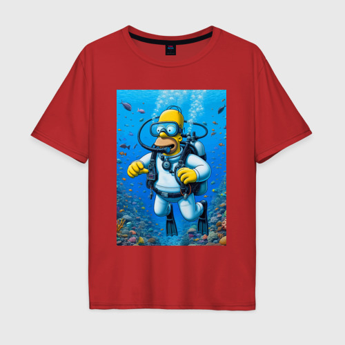 Мужская футболка хлопок Oversize Homer diving - ai art, цвет красный