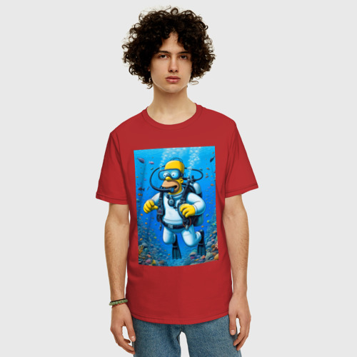 Мужская футболка хлопок Oversize Homer diving - ai art, цвет красный - фото 3