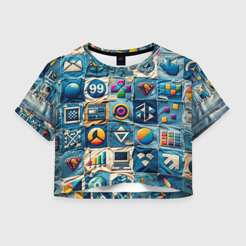 Женская футболка Crop-top 3D Пэчворк деним из девяностых, цвет 3D печать