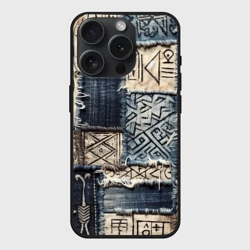 Чехол силиконовый для Apple iPhone 15 Pro Мax матовый Геометрия на пэчворк дениме - этнические символы и узоры язычества