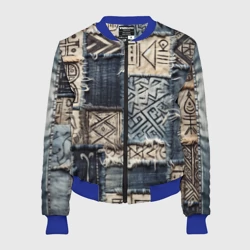 Женский бомбер 3D Геометрия на пэчворк дениме - этнические символы и узоры язычества