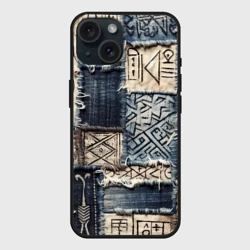 Чехол силиконовый для Apple iPhone 15 матовый Геометрия на пэчворк дениме - этнические символы и узоры язычества