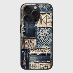 Чехол силиконовый для Apple iPhone 15 Pro матовый Геометрия на пэчворк дениме - этнические символы и узоры язычества