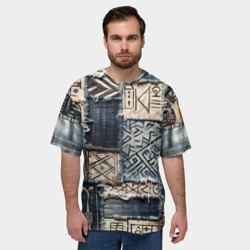 Мужская футболка oversize 3D Геометрия на пэчворк дениме - этнические символы и узоры язычества - фото 2