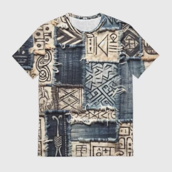 Мужская футболка 3D Геометрия на пэчворк дениме - этнические символы и узоры язычества