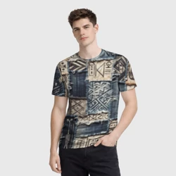Мужская футболка 3D Геометрия на пэчворк дениме - этнические символы и узоры язычества - фото 2