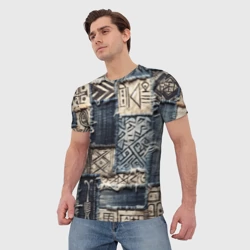 Мужская футболка 3D Геометрия на пэчворк дениме - этнические символы и узоры язычества - фото 2